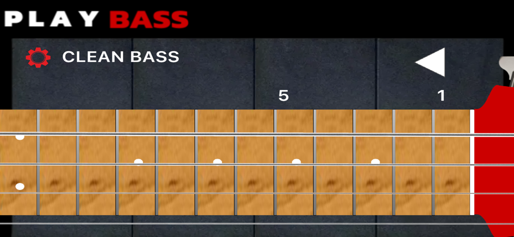 Play Bass: Real Bass Simulator - The virtual fretboard interface of the Play Bass simulator app featuring a clean bass sound setting.