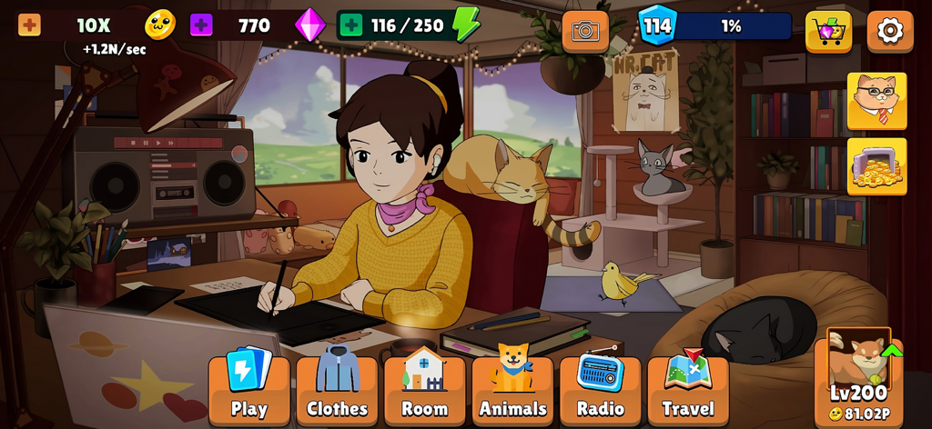 Comfy Girl - Cute & Aesthetic - Gameplay screenshot of Comfy Girl showing a character drawing at a desk in a cozy room with pets