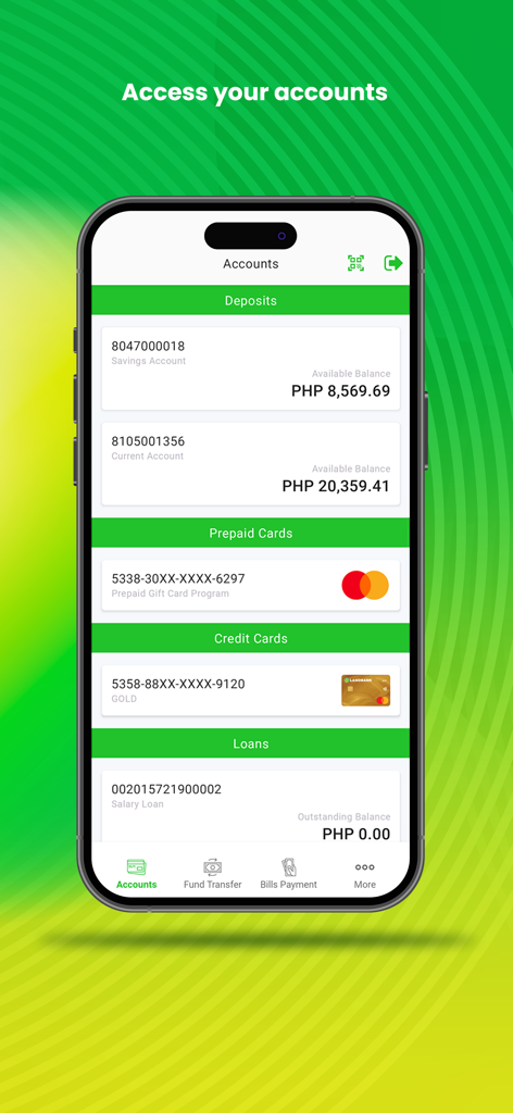 Una pantalla de teléfono móvil que muestra el panel de cuentas de la aplicación LANDBANK con saldos de cuentas de ahorro, corrientes y préstamos.