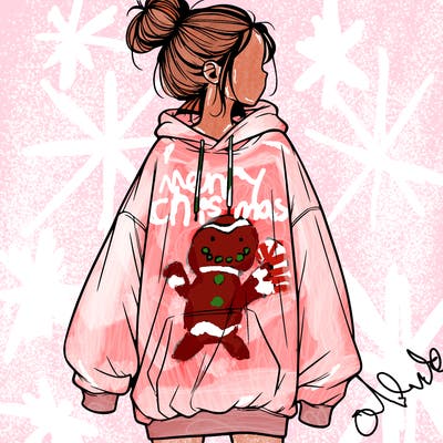 realistic girl with a oversized sweatshirt on and a bun