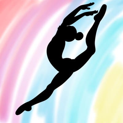 gymnast doing a leap in a leotard with a bent back leg