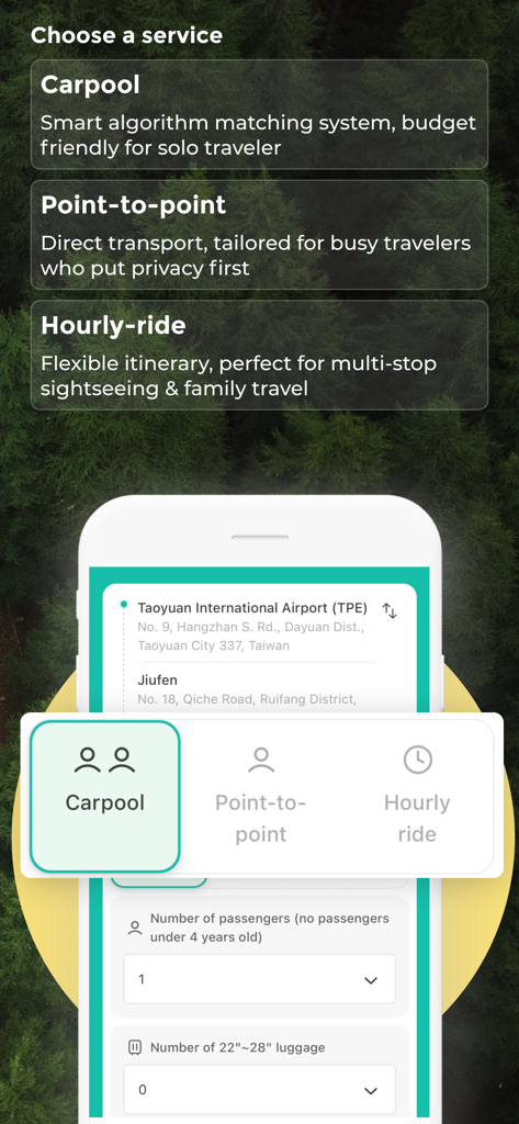 Tripool app interface showing carpool, point-to-point, and hourly ride options for travel in Taiwan.