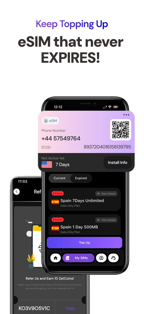 ZetSIM: Travel eSIM & Internet - Mobile app interface showing ZetSIM travel eSIM management with top-up options and a Spain data plan