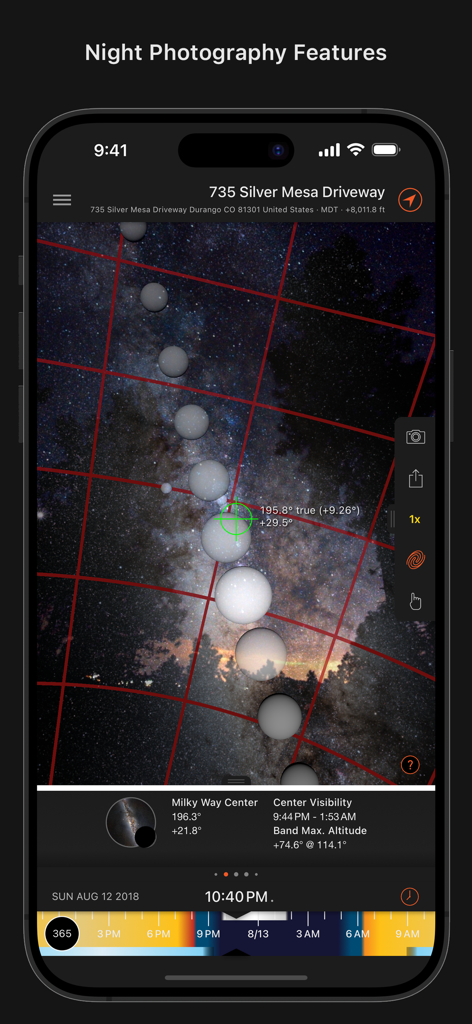 Sun Surveyor app screenshot showing night photography features for planning Milky Way shots with visibility data and celestial overlays