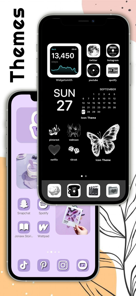 Icon Theme - Aesthetic Kit - Two iPhones displaying black and light purple aesthetic custom home screen themes