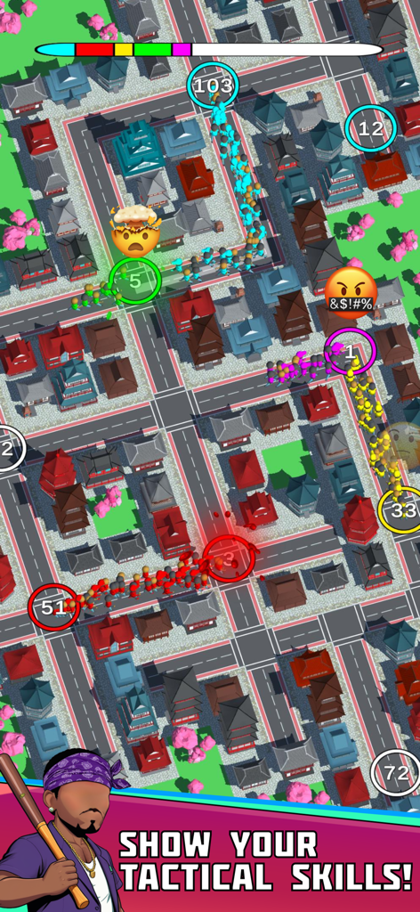 Jugabilidad de Gang.io mostrando la captura táctica de territorio entre pandillas rivales en un mapa de la ciudad con unidades y bases de colores