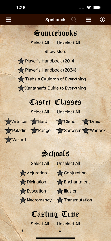D&D Spellbook 5e - Filtering interface for D&D Spellbook 5e app showing sourcebooks caster classes and magic schools