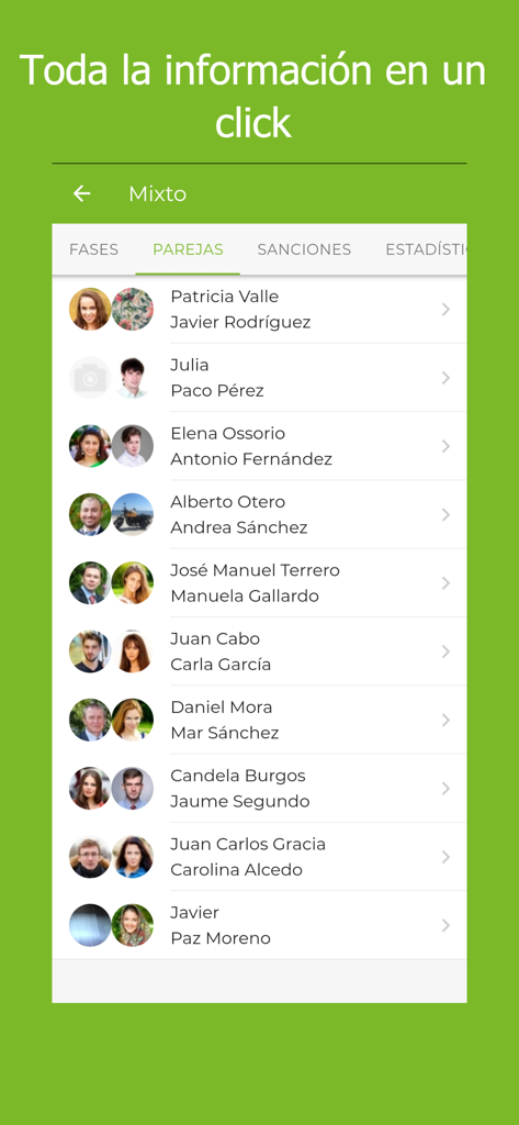 Xporty mobile app interface displaying a list of mixed doubles sports teams for a tournament