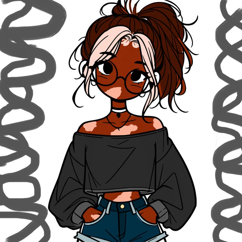 girl with a messy ponytail glasses a baggy crop top and jean shorts