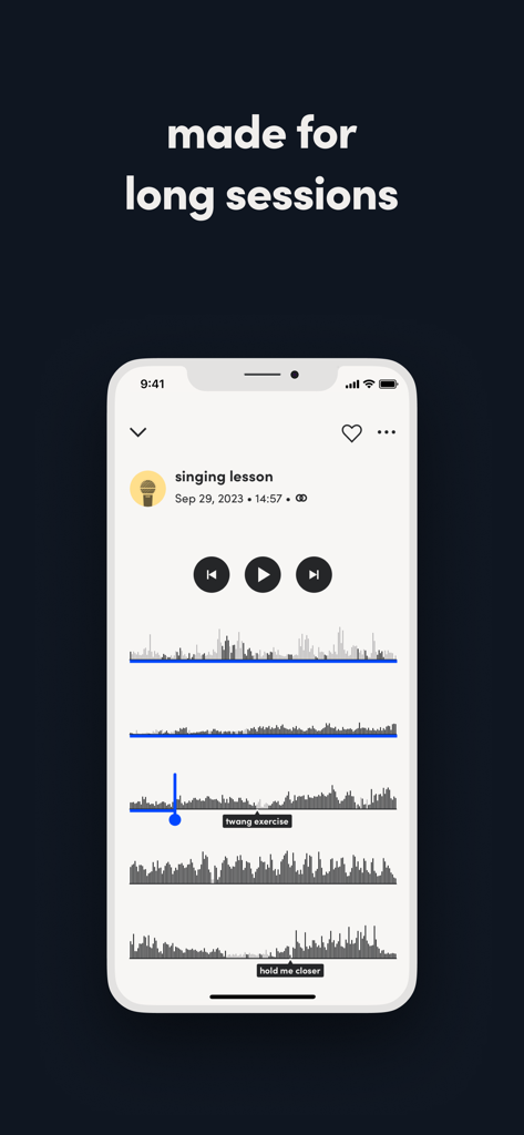 Tape It app interface displaying a singing lesson recording with multi-line waveform and smart markers for long audio sessions.