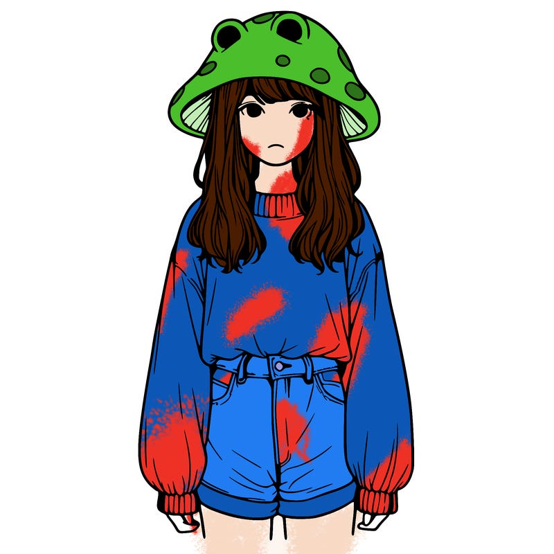 a realistic girl with a frog hat and baggy mushroom shirt