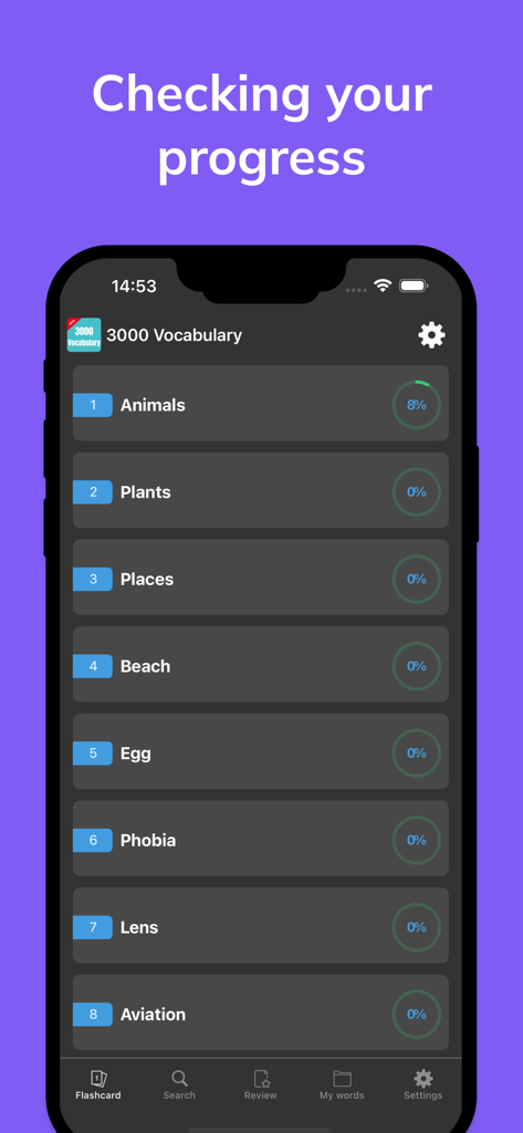3000 Core English Vocabulary - English vocabulary app interface showing thematic topics and learning progress percentages
