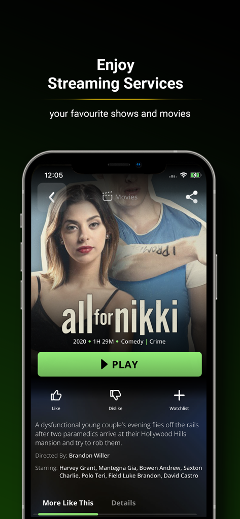 Midnight Pulp - Screenshot of the Midnight Pulp streaming app displaying the movie details page for All For Nikki with a play button and synopsis.