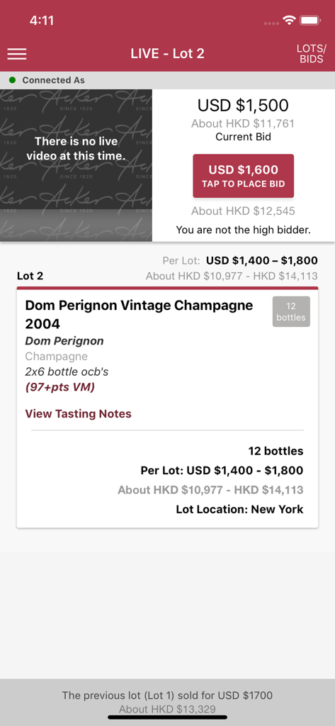 Acker Wines - Live auction screen for vintage champagne in the Acker Wines mobile app