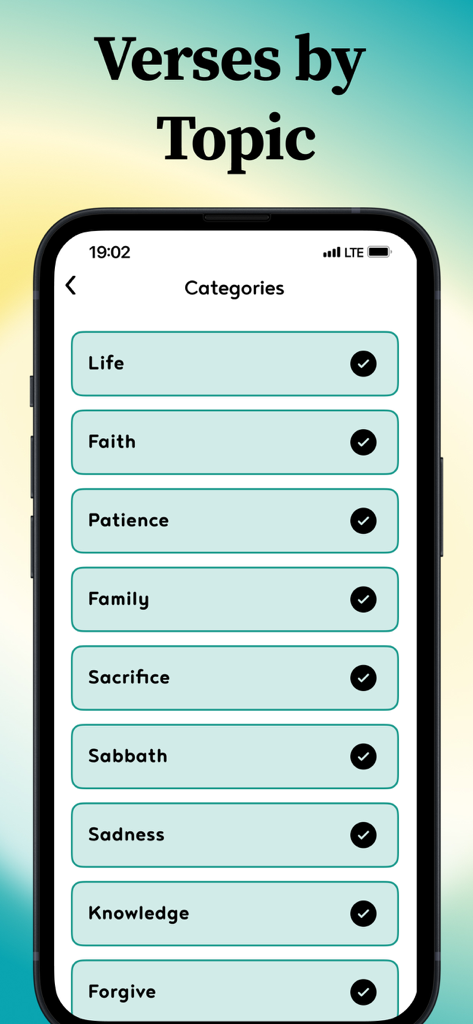 Lockscreen Bible Verse Widget - Bible verse categories screen in the Lockscreen Bible Verse Widget app