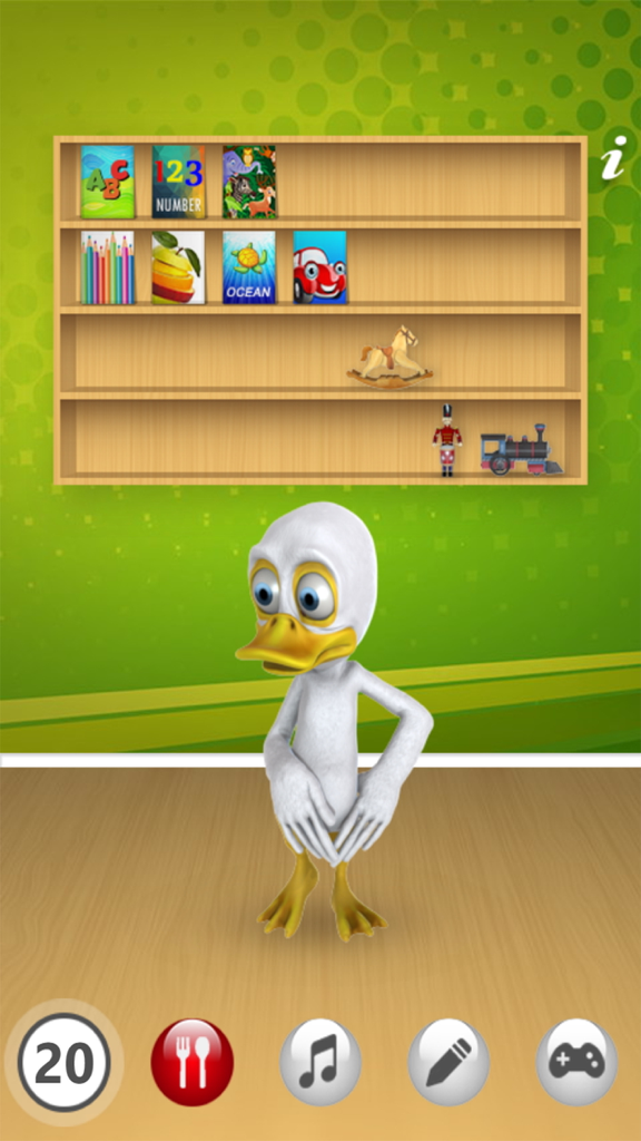 Talking Duck - Talking Duck standing in a room with an interactive bookshelf and game icons