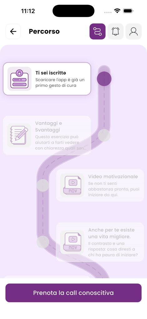 Corabea - A screenshot of the Corabea app displaying a visual therapeutic journey path with recovery milestones and a button to book an introductory call.