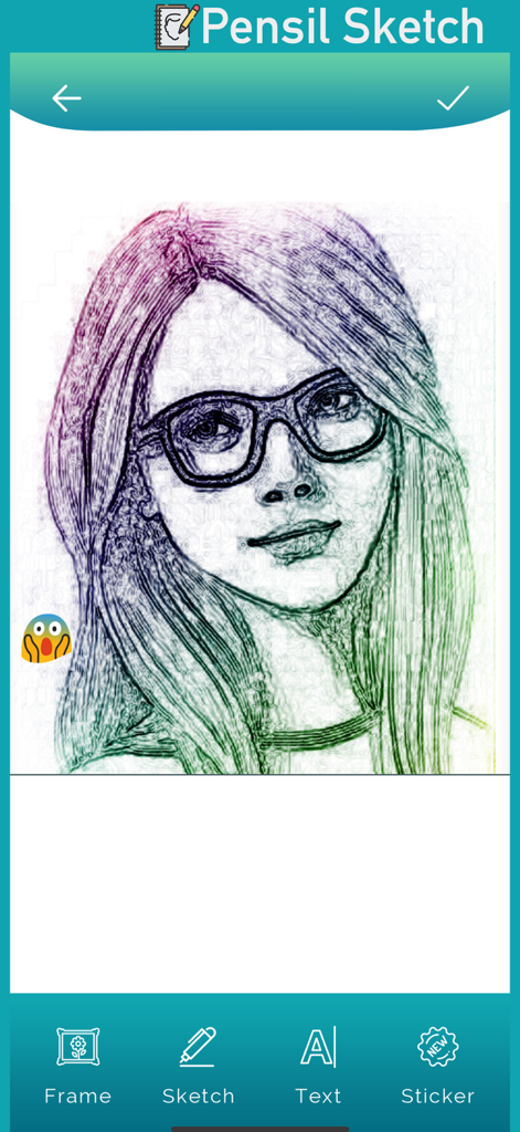 Pensil Sketch Art : SketchSnap - A woman with glasses transformed into a colorful pencil sketch in the SketchSnap mobile app.