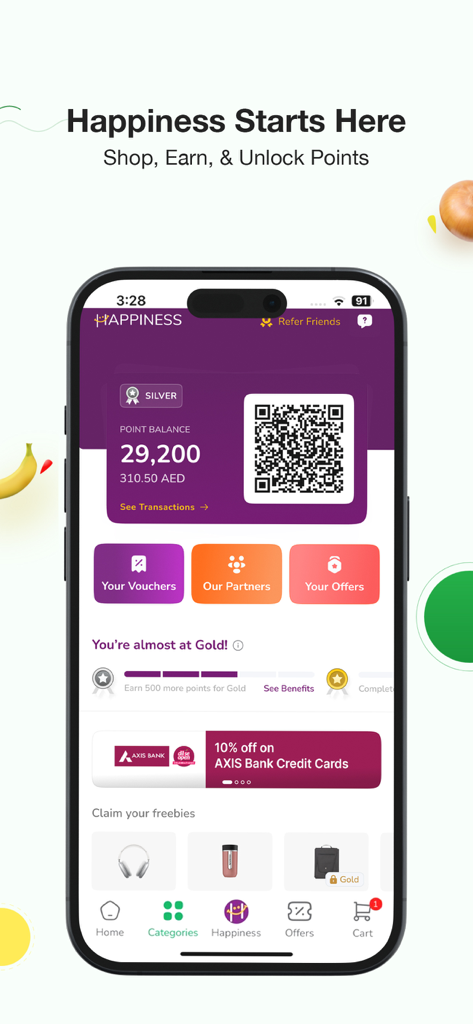 LuLu Online app Happiness screen showing loyalty points and QR code