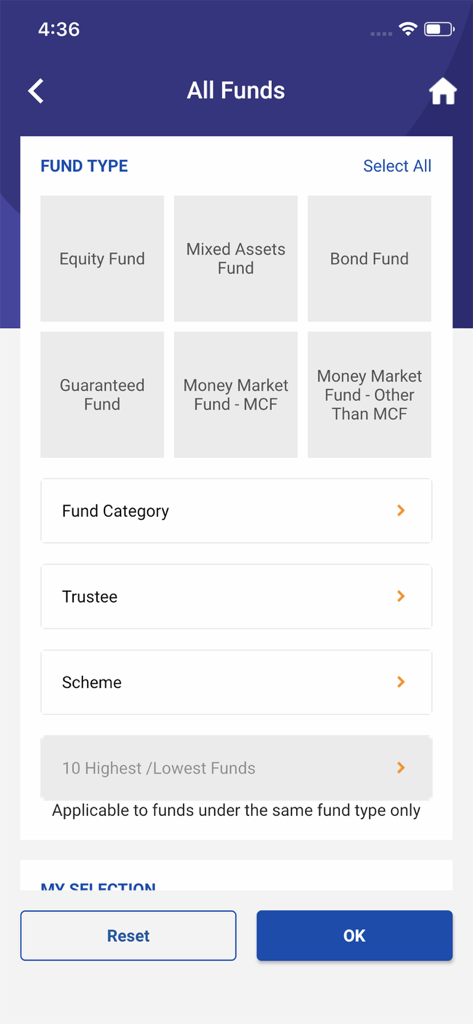 MPF Fund Platform - Screen for selecting fund types in the MPF Fund Platform app