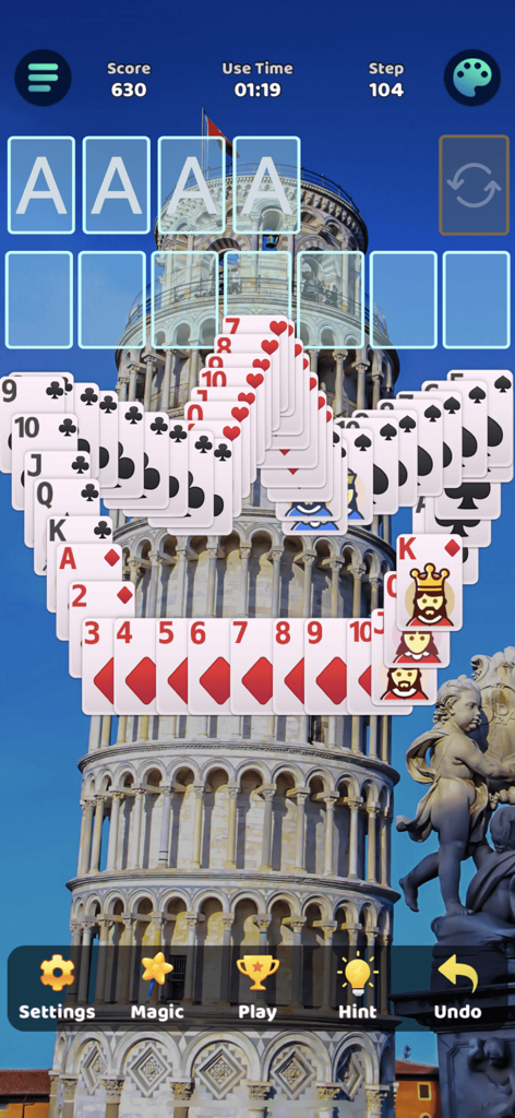 Classic Klondike Solitaire game with a Leaning Tower of Pisa background