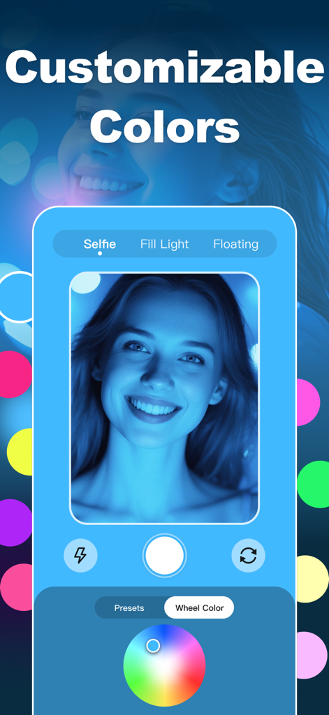 GlowCam Light:Selfie Camera - GlowCam app interface showing customizable RGB lighting colors for a selfie