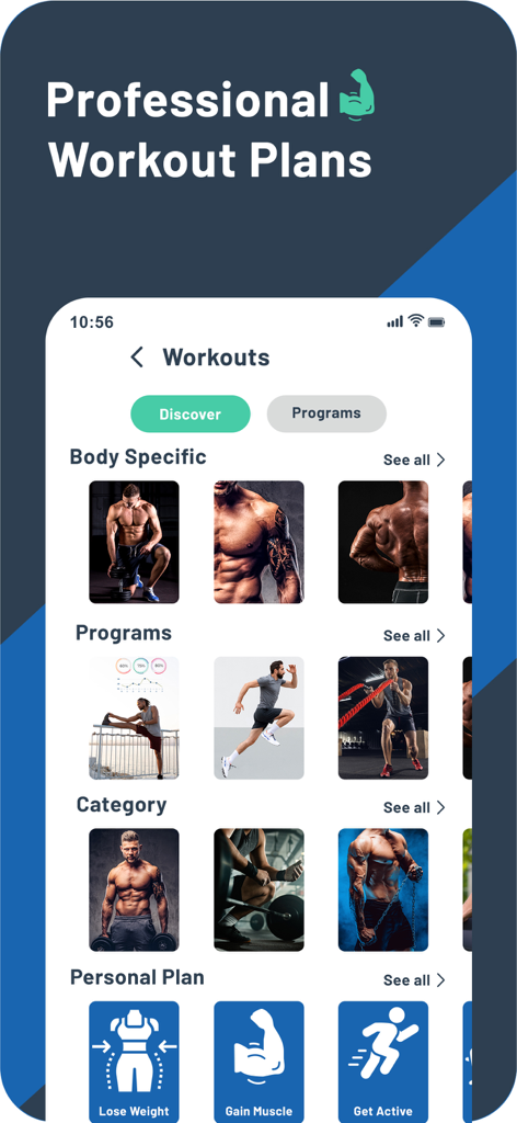 Rony: Muscles Fitness Training - Rony app interface showing professional workout plans and personalized training programs