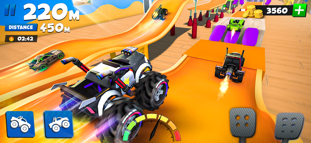 Buggy Racing Games (RaceOff2) - Tabletop monster truck racing gameplay with several cars on an orange stunt track.