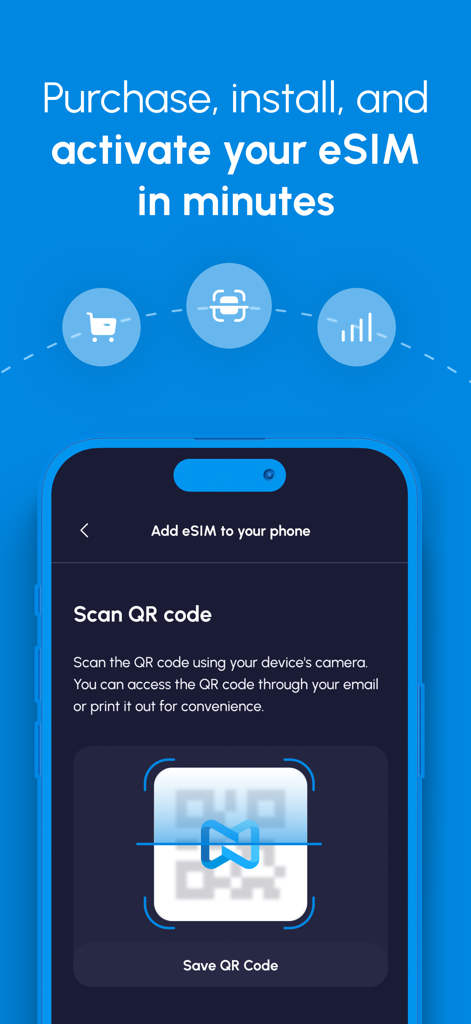 Nomad eSIM: Prepaid Data Plan - Interface de l'application Nomad eSIM pour scanner un code QR afin d'activer un forfait de données international.