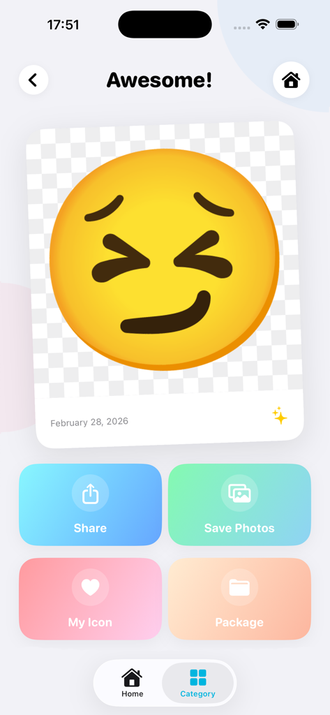 Emoji Maker - Personal Creator - The result screen of the Emoji Maker app displaying a custom smirking yellow emoji and sharing options