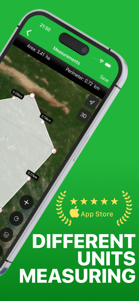Field Area Measure - Land GPS - 異なる単位を持つ衛星地図上に、畑の面積と周囲長の測定値を示すモバイルアプリインターフェース