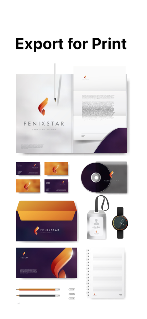 Logo Maker AI Creator — Conic - A professional brand identity mockup showcasing the Fenixstar logo on business cards, stationery, an envelope, and corporate accessories.