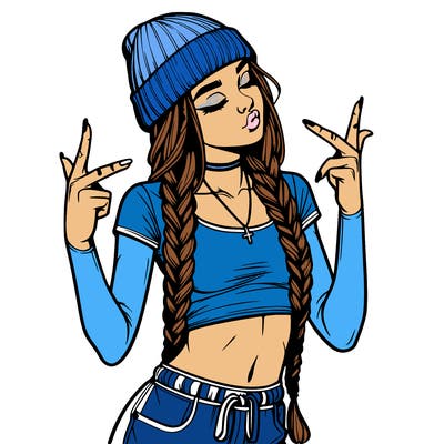 realistic teenage girl with braids and a beanie and crop top doing 🫶🏼