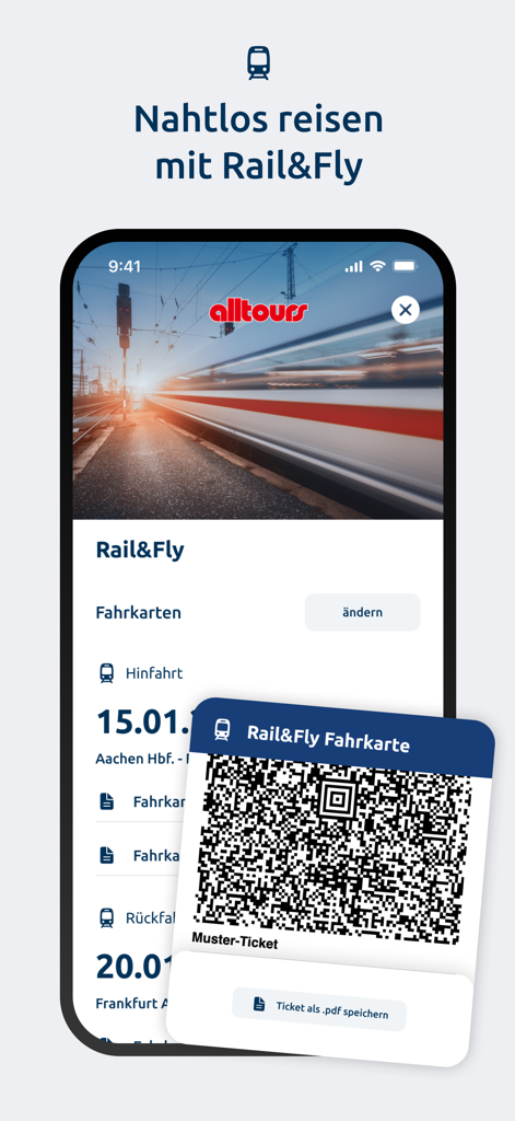 mein alltours - Digital Rail and Fly train ticket with a QR code displayed on the mein alltours app.