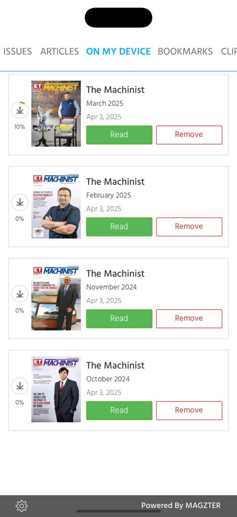 The Machinist - The Machinist app interface showing a library of downloaded magazine issues available for offline reading.