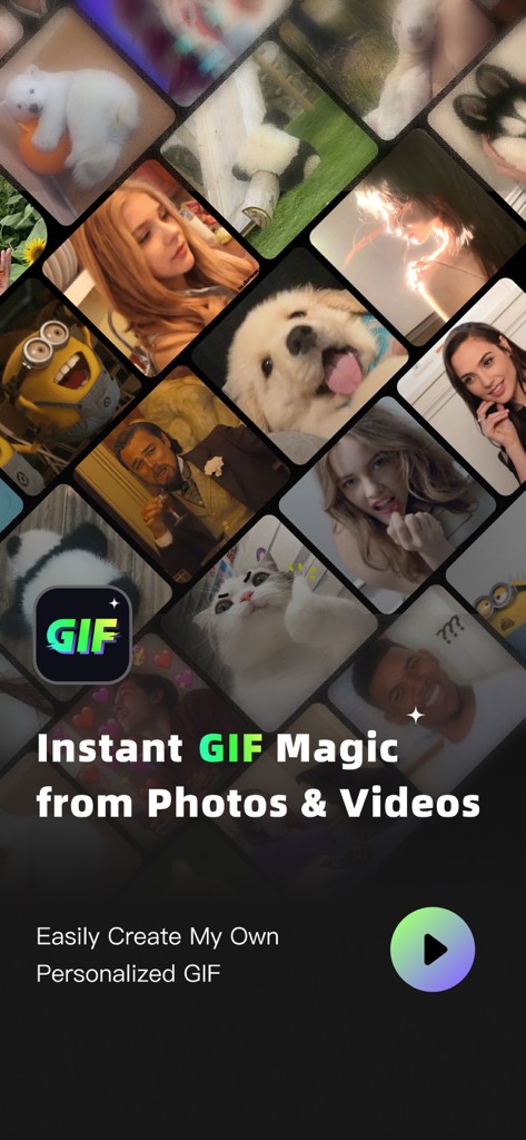 GIF Maker & Editor Pro - A collage of expressive GIFs and memes demonstrating the app's instant creation capabilities from photos and videos.