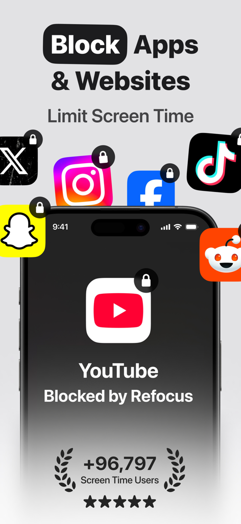 Smartphone screen showing YouTube blocked by the Refocus app surrounded by locked social media icons