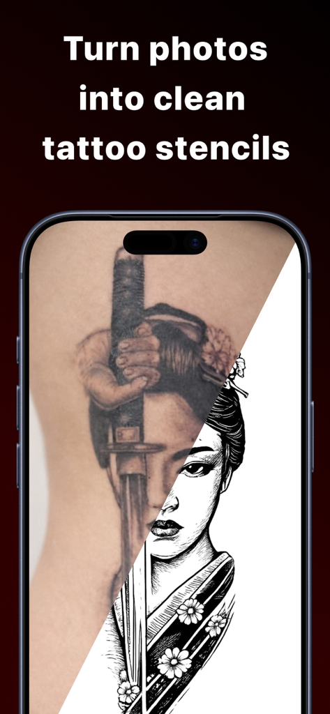 StencilStudio - Tattoo Stencil - Smartphone screen displaying the conversion of a photo into a clean tattoo stencil linework