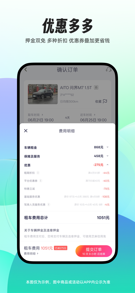 凹凸租车-覆盖90%以上新能源车 - A mobile app screen showing a car rental order summary with a price breakdown and applied discounts.