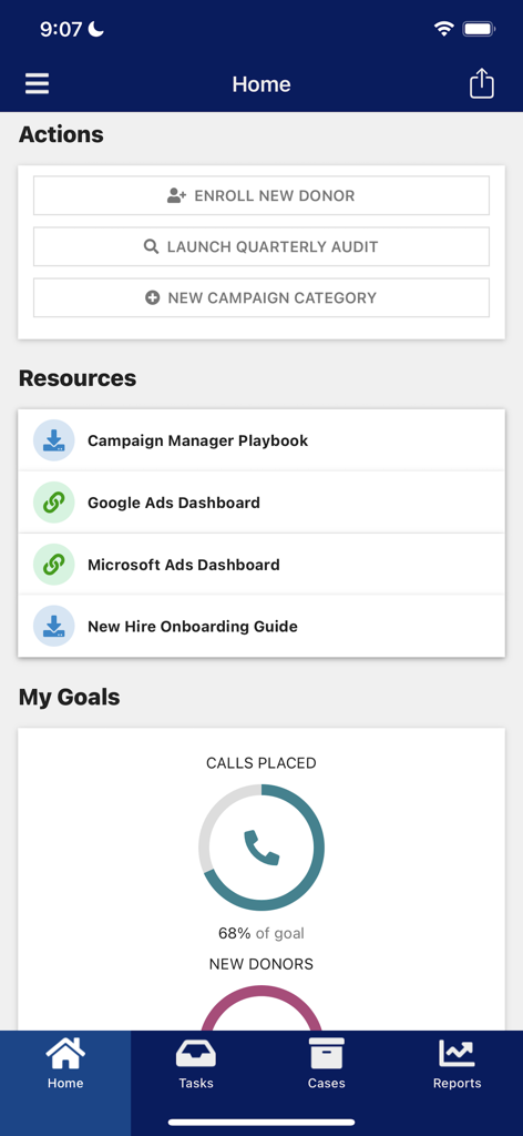 Appian for Intune mobile app home screen showing action buttons resources and business goal tracking charts