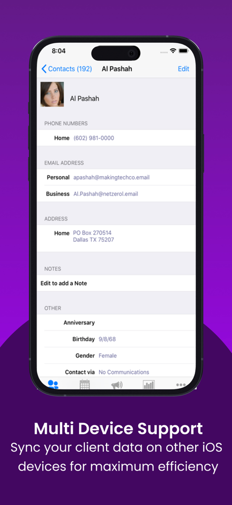 Salon Booking Appointments - Schermata iPhone che mostra il profilo di un cliente del salone con la sincronizzazione del supporto multi-dispositivo indicata sotto