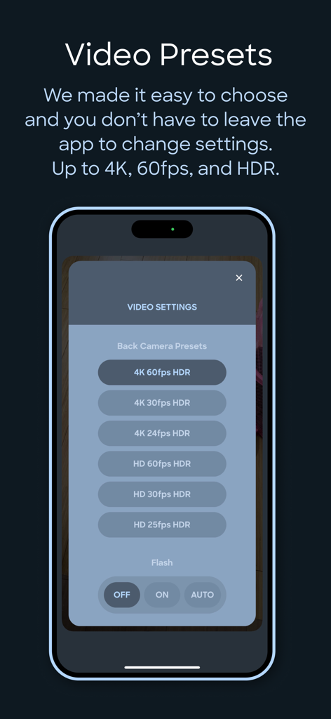 Interface of TapShot app showing video recording presets including 4K 60fps HDR and flash settings