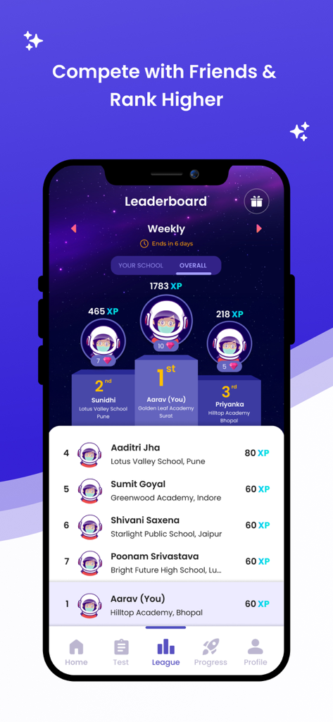 LogIQids - LogIQids app weekly leaderboard showing student competition and XP rankings
