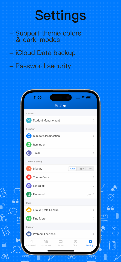 Settings interface of the My Homework and Exam Assistant app featuring student management, iCloud backup, and security options.