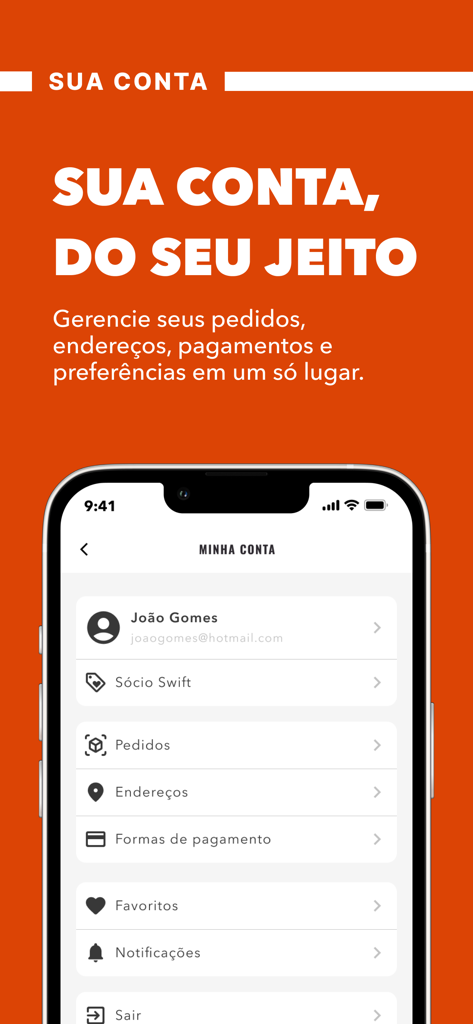 Loja Swift - Interface de l'application Loja Swift montrant la page de profil du compte utilisateur avec des options pour les commandes, les adresses et les paiements