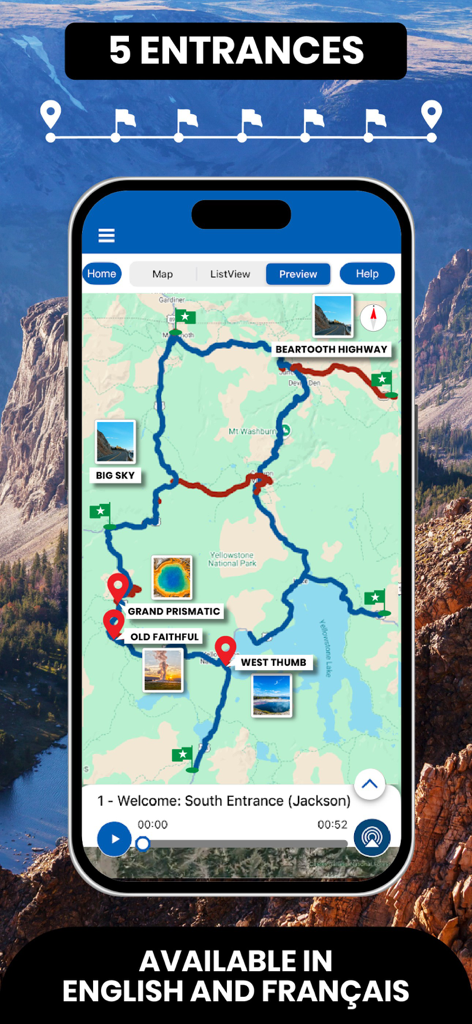 A map of Yellowstone National Park within the app showing driving tour routes and key points of interest like Old Faithful and Grand Prismatic