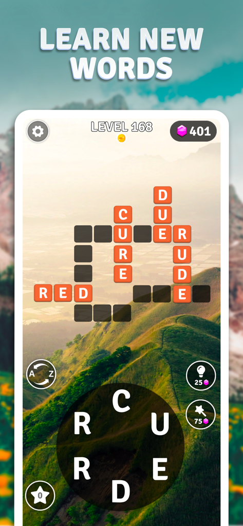 Word Breeze mobile game level with letters to unscramble and a scenic mountain background