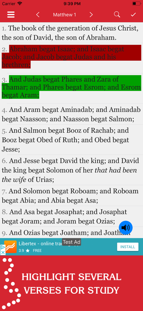 New Testament - KJV - Interfaz de la aplicación de la Biblia mostrando versículos resaltados para el estudio de las escrituras