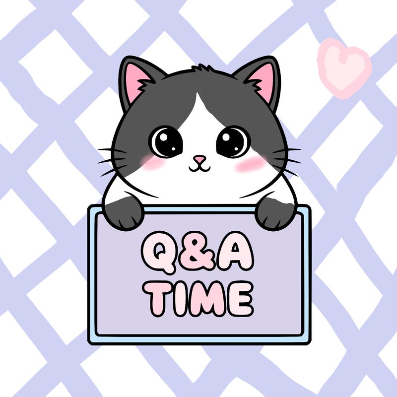 cute cat, holding a sign with q&a time written on it