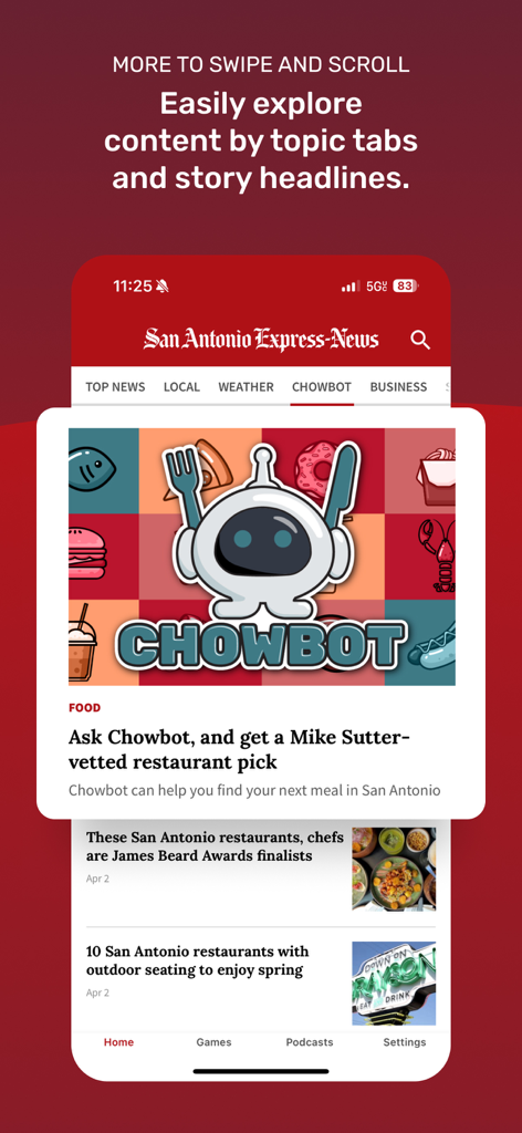 San Antonio Express-News - Aplicación móvil San Antonio Express-News que muestra la función de recomendación de restaurantes Chowbot y noticias gastronómicas locales